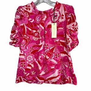 Rachel Zoe Blouse Top Womens M Pink Red Floral Paisley Puff Sleeve Peasant‎ Boho